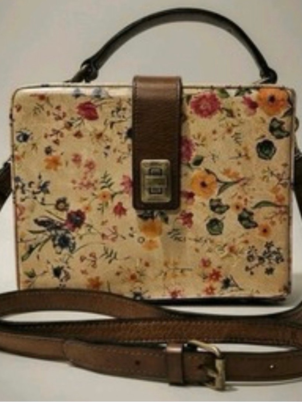 Patricia Nash Cream Floral Box Crossbody with Brown Trim
